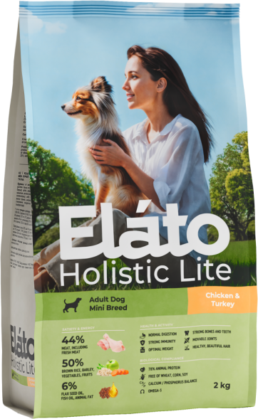 Elato Holistic Lite сухой корм для взрослых собак мелких пород, с курицей и индейкой - 2 кг
