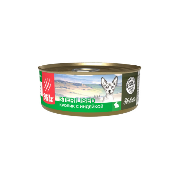 Blitz Holistic Sterilised влажный корм для взрослых стерилизованных кошек, нежное суфле с кроликом и индейкой, в консервах - 100 г