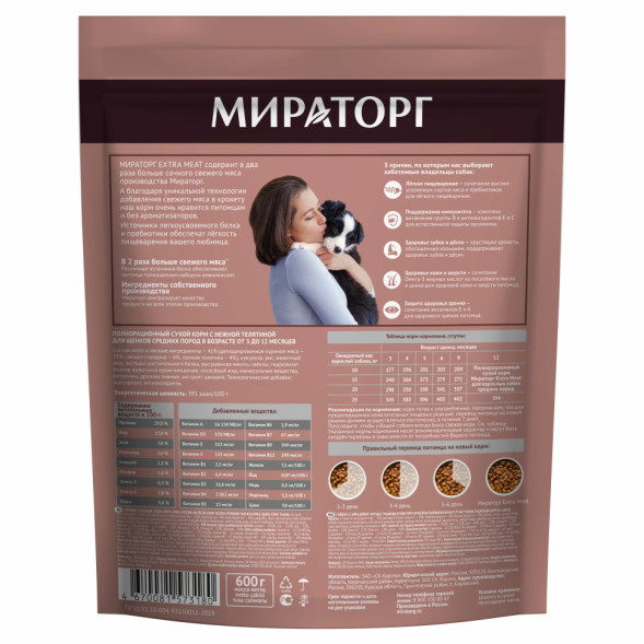 Мираторг сухой корм для щенков средних пород в возрасте от 3 до 12 месяцев, с нежной телятиной - 600 г