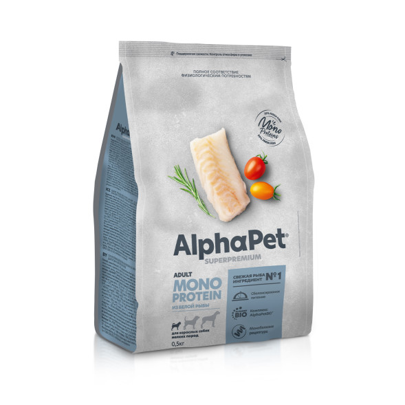 AlphaPet Superpremium Monoprotein сухой корм для взрослых собак мелких пород с белой рыбой - 500 г
