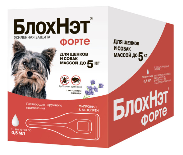 БлохНэт Форте инсектоакарицидный препарат для щенков и собак массой до 5 кг - 10 пипеток х 0,5 мл