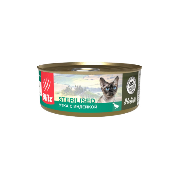 Blitz Holistic Sterilised влажный корм для взрослых стерилизованных кошек, нежное суфле с уткой и индейкой, в консервах - 100 г
