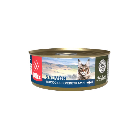Blitz Holistic влажный корм взрослых для кошек, нежное суфле с лососем и креветками, в консервах - 100 г