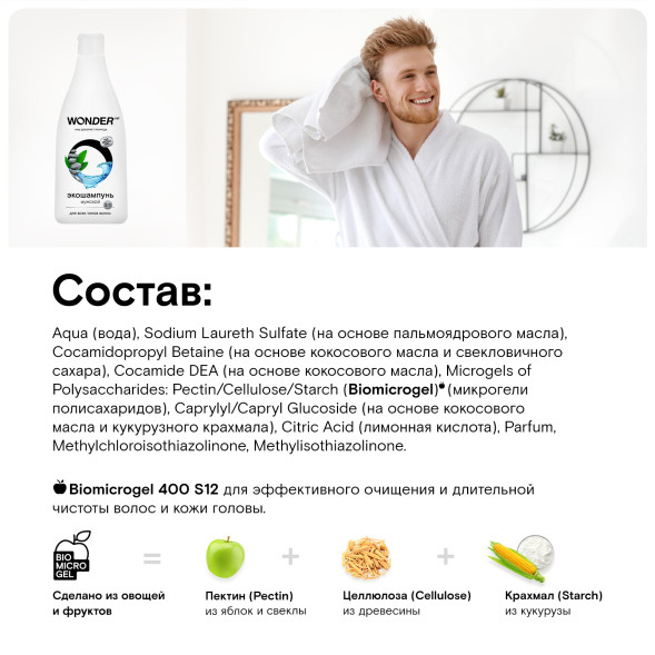 WONDER LAB экошампунь мужской 2в1 для всех типов волос - 550 мл