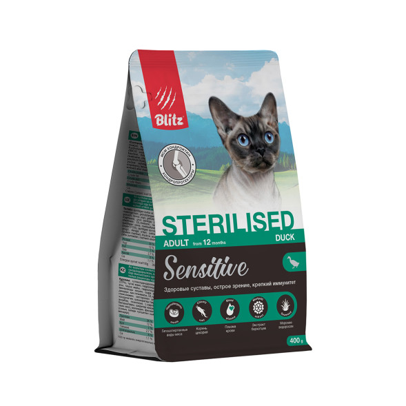 Blitz Sterilised Duck Sensitive сухой корм для взрослых и пожилых стерилизованных кошек при чувствительном пищеварении и избыточном весе с уткой - 400 г