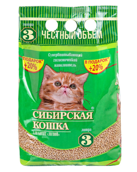 Сибирская Кошка &quot;Лесной&quot; для котят впитывающий древесный наполнитель для кошачьего туалета, гранулы 6 мм - 3 л