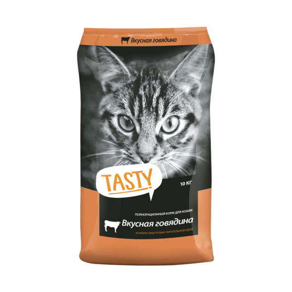 Tasty сухой корм для взрослых кошек с говядиной - 10 кг