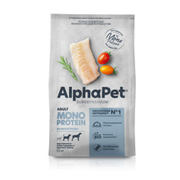 AlphaPet Суперпремиум Монопротеин сухой корм для взрослых собак средних и крупных пород с белой рыбой - 12 кг