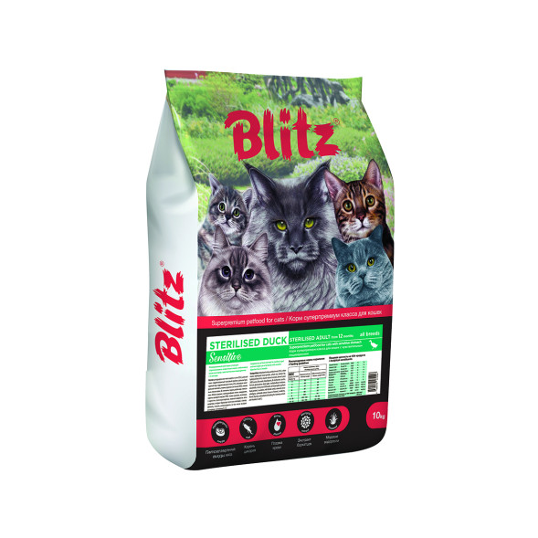 Blitz Sterilised Duck Sensitive сухой корм для взрослых и пожилых стерилизованных кошек при чувствительном пищеварении и избыточном весе с уткой - 10 кг