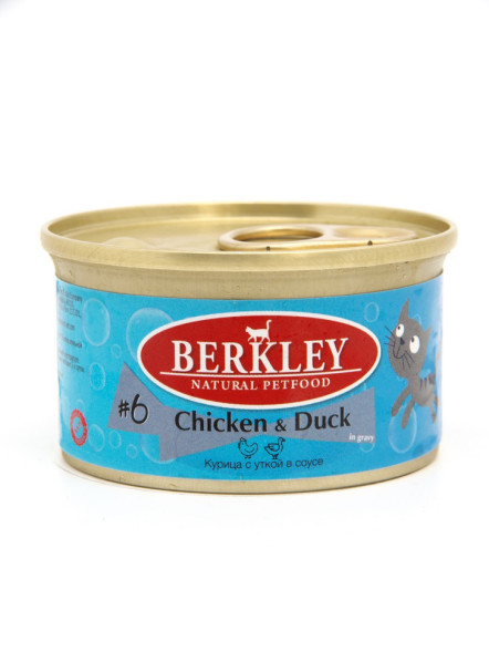 Berkley №6 влажный корм для взрослых кошек, курица с уткой в соусе, в консервах - 85 г