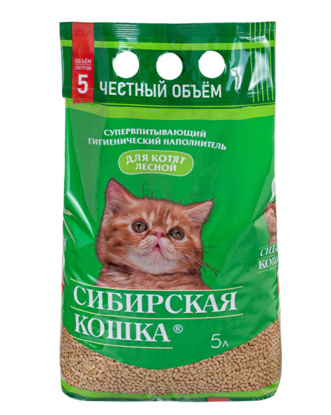 Сибирская Кошка &quot;Лесной&quot; для котят впитывающий древесный наполнитель для кошачьего туалета, гранулы 6 мм - 5 л
