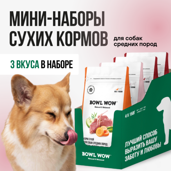 BOWL WOW мини-набор сухих кормов для взрослых собак средних пород - 150 г х 4 шт: с яблоком - 1 шт; с морковью -1 шт; со свеклой - 2 шт