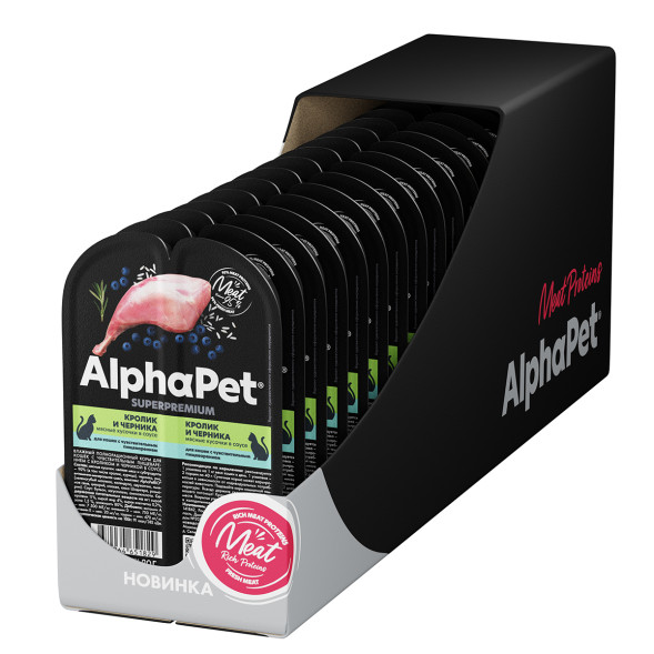 AlphaPet Superpremium влажный корм для кошек с чувствительным пищеварением кролик и черника, в ламистерах - 80 г
