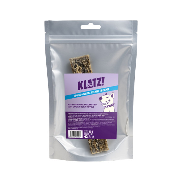 KLATZ! лакомство для взрослых собак всех пород "Брусочки кожи трески" 14 см 3х3 см, 1 шт - 50 г