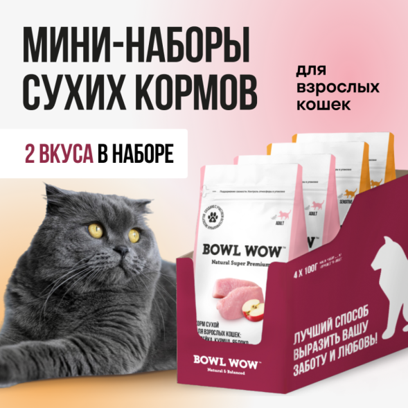 BOWL WOW мини-набор сухих кормов для взрослых кошек с чувствительным пищеварением - 100 г х 4 шт: с яблоком - 2 шт; с тыквой - 2 шт
