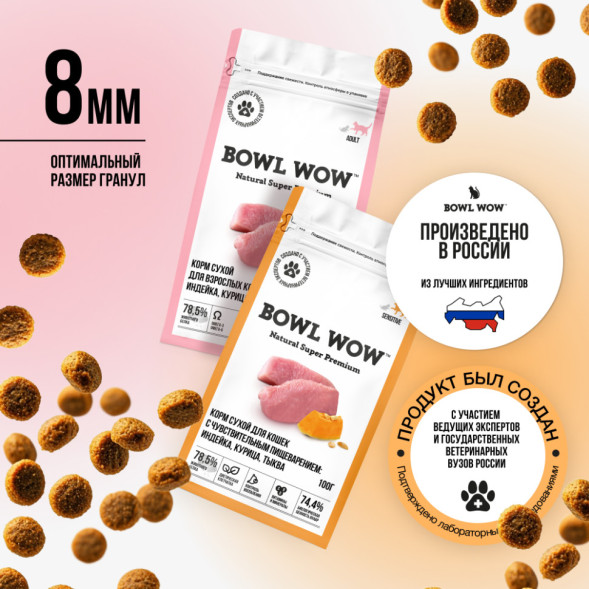 BOWL WOW мини-набор сухих кормов для взрослых кошек с чувствительным пищеварением - 100 г х 4 шт: с яблоком - 2 шт; с тыквой - 2 шт