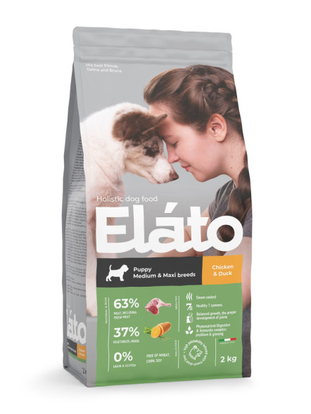 Elato Holistic сухой корм для щенков средних и крупных пород, с курицей и уткой - 2 кг