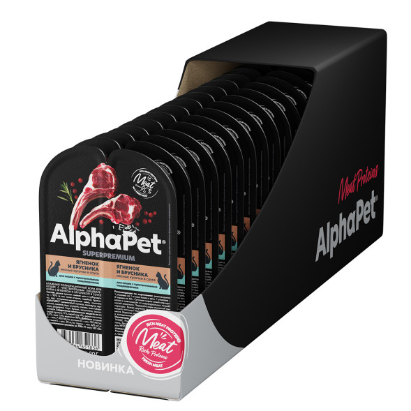 AlphaPet Superpremium влажный корм для кошек с чувствительным пищеварением ягненок и брусника, в ламистерах - 80 г