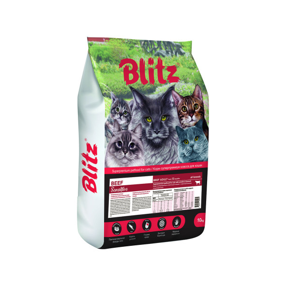 Blitz Beef Sensitive сухой корм для взрослых кошек при чувствительном пищеварении с говядиной - 10 кг