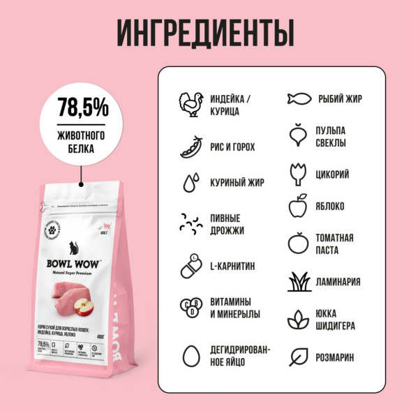 BOWL WOW сухой корм для взрослых кошек, с индейкой и яблоком - 400 г