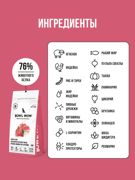 BOWL WOW сухой корм для щенков средних пород с ягненком, индейкой, рисом и добавлением брусники - 800 г