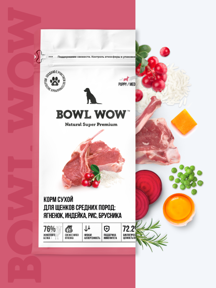 BOWL WOW сухой корм для щенков средних пород с ягненком, индейкой, рисом и добавлением брусники - 800 г