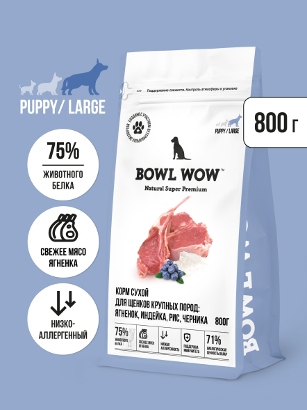 BOWL WOW сухой корм для щенков крупных пород с ягненком, индейкой, рисом и добавлением черники - 800 г