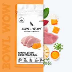 BOWL WOW сухой корм для взрослых собак крупных пород с индейкой, курицей, рисом и тыквой - 10 кг