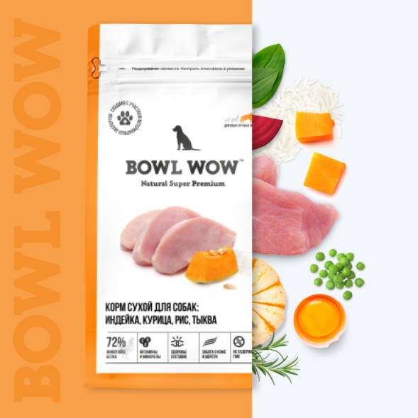 BOWL WOW сухой корм для взрослых собак крупных пород с индейкой, курицей, рисом и тыквой - 10 кг