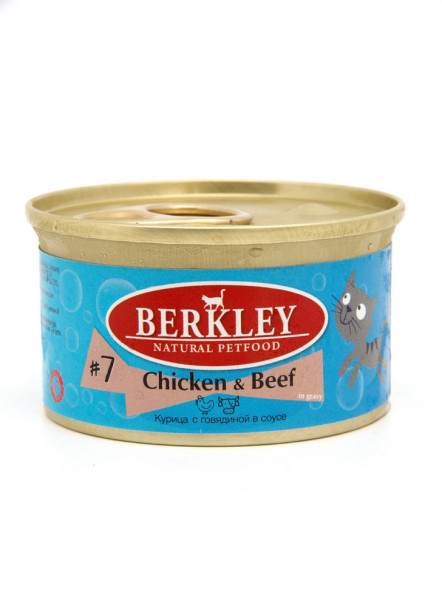 Berkley №7 влажный корм для взрослых кошек, курица с говядиной в соусе, в консервах - 85 г