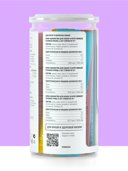 Vividus крем-лакомство для кошек и котят ассорти: с тунцом, лососем и курицей, стики - 18 шт