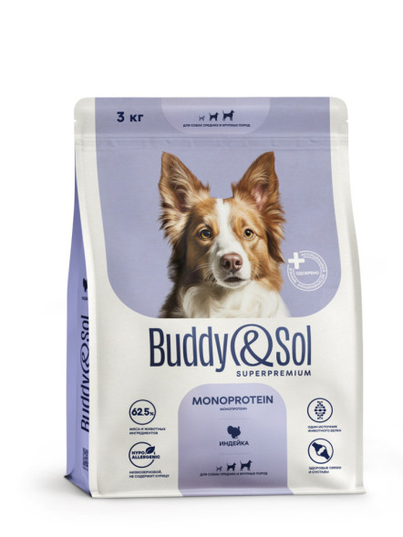 Buddy&amp;Sol Superpremium Monoprotein сухой корм для взрослых собак средних и крупных пород, с индейкой - 3 кг