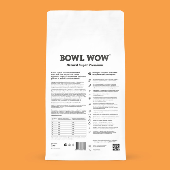 BOWL WOW сухой корм для взрослых собак крупных пород с индейкой, курицей, рисом и тыквой - 2 кг