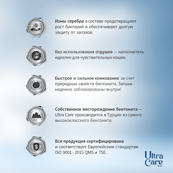 Ultra Care Silver Ions Sensitive гипоаллергенный комкующийся наполнитель для кошачьего туалета с ионами серебра, в двойном картоне - 7 кг х 2 шт