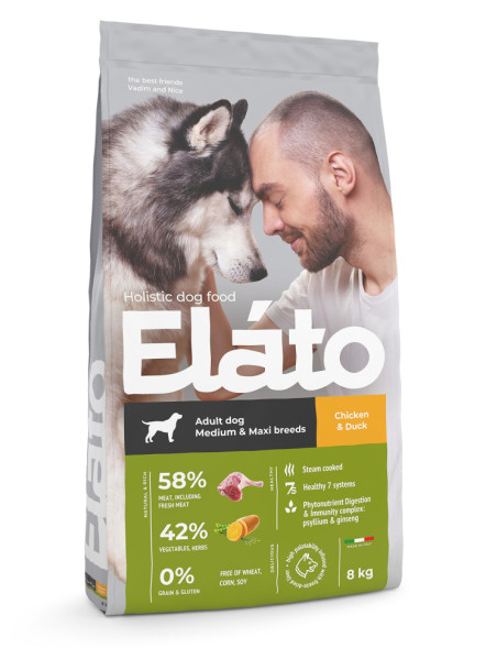 Elato Holistic сухой корм для взрослых собак средних и крупных пород, с курицей и уткой - 8 кг