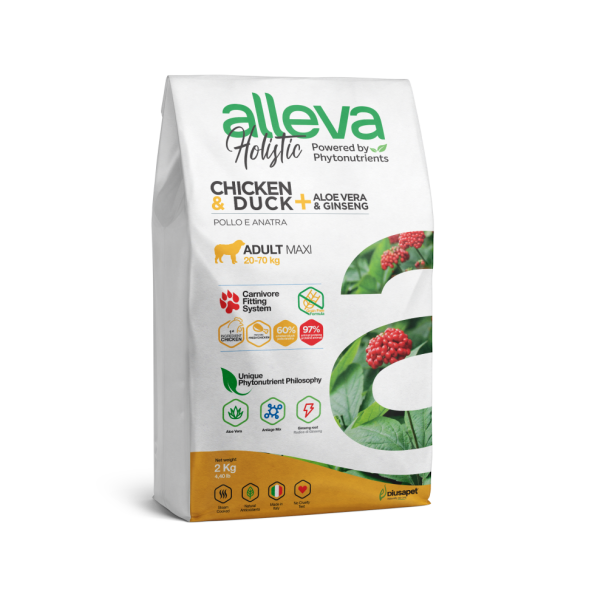 Alleva Holistic Adult Chicken &amp; Duck Maxi сухой корм для взрослых собак с курицей и уткой, алое вера и женьшенем - 2 кг