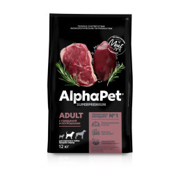 AlphaPet Суперпремиум полнорационный сухой корм для взрослых собак средних пород с говядиной и потрошками - 12 кг