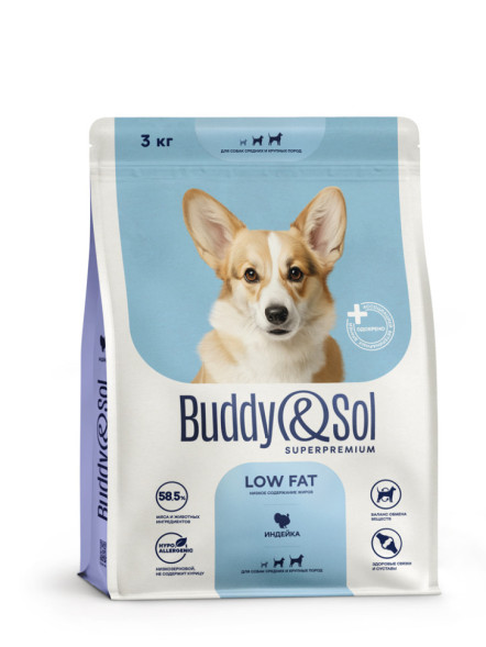 Buddy&amp;Sol Superpremium Low Fat сухой корм для взрослых собак средних и крупных пород с пониженным содержанием жира, с индейкой - 3 кг
