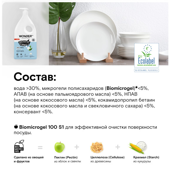 WONDER LAB экогель для мытья посуды, нейтральный - 1 л