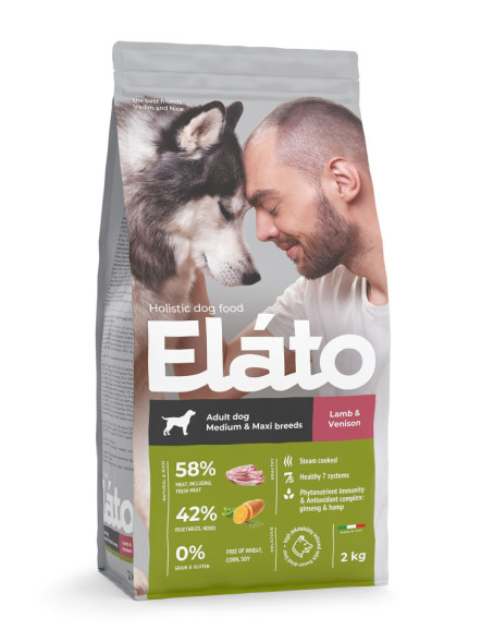 Elato Holistic сухой корм для взрослых собак средних и крупных пород, с ягненком и олениной - 2 кг