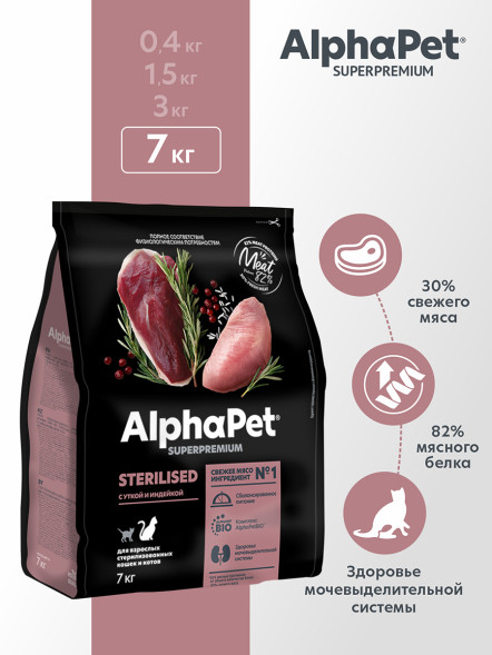 AlphaPet Superpremium полнорационный сухой корм для взрослых стерилизованных кошек с уткой и индейкой - 7 кг