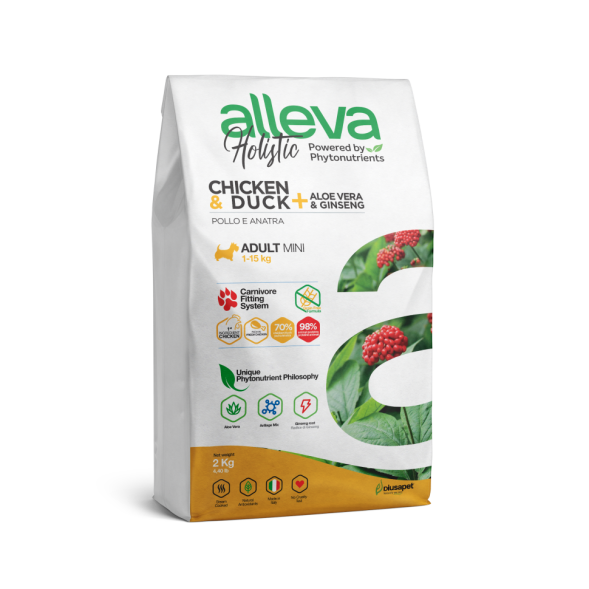 Alleva Holistic Adult Chicken &amp; Duck Mini сухой корм для взрослых собак с курицей и уткой, алое вера и женьшенем - 2 кг