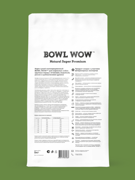 BOWL WOW сухой корм для взрослых собак крупных пород с ягненком, индейкой, рисом и цукини - 5 кг