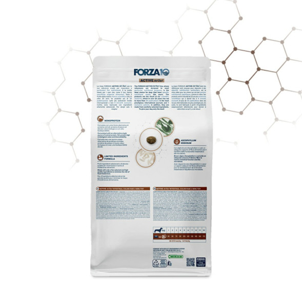 Forza10 Active Vet Diet Intestinal Colon Fase 1 сухой корм для собак для снижения нарушений кишечного всасывания при хронических колитах, с ягненком и белым сорго - 10 кг