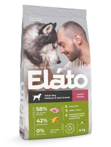 Elato Holistic сухой корм для взрослых собак средних и крупных пород, с ягненком и олениной - 8 кг