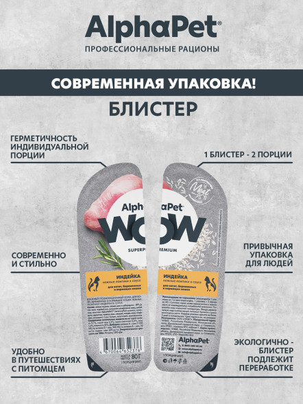 AlphaPet WOW Superpremium влажный корм для котят, беременных и кормящих кошек нежные ломтики индейки в соусе, в ламистерах - 80 г