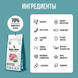 BOWL WOW сухой корм для взрослых собак мелких пород с индейкой, рисом и розмарином - 2 кг