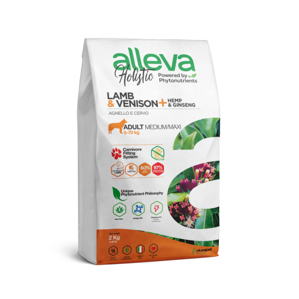 Alleva Holistic Adult Lamb &amp; Venison Medium/Maxi сухой корм для взрослых собак с ягненком и олениной, коноплей и женьшенем - 2 кг