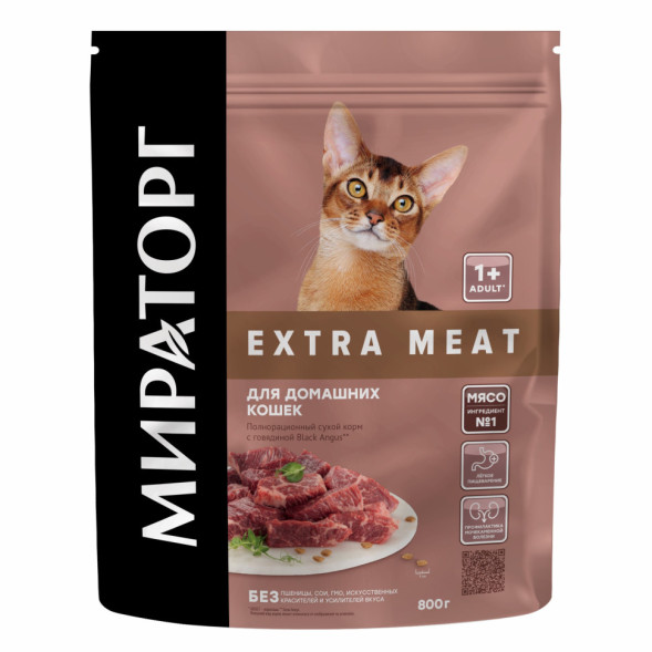 Мираторг Extra Meat сухой корм для взрослых домашних кошек с говядиной Black Angus - 800 г