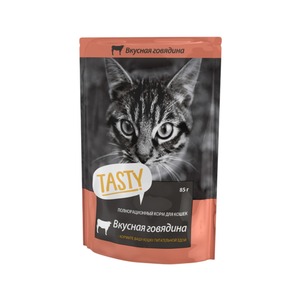 Tasty влажный корм для взрослых кошек с говядиной в желе, в паучах - 85 г